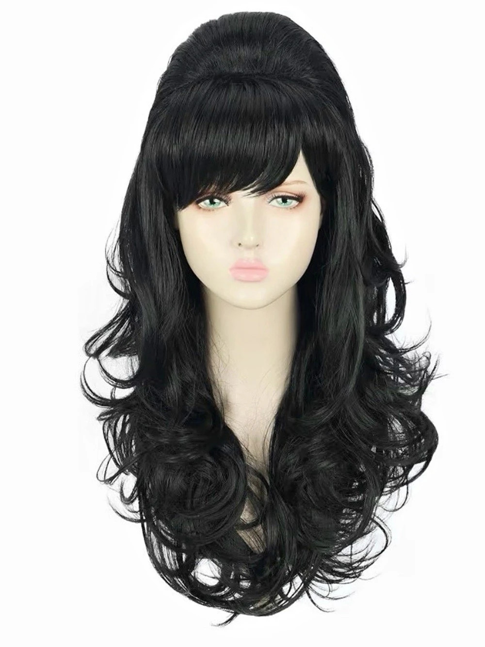 New Black Long Curly Bouffant Beehive Wig with Bangs 60s 70s Costume Cosplay